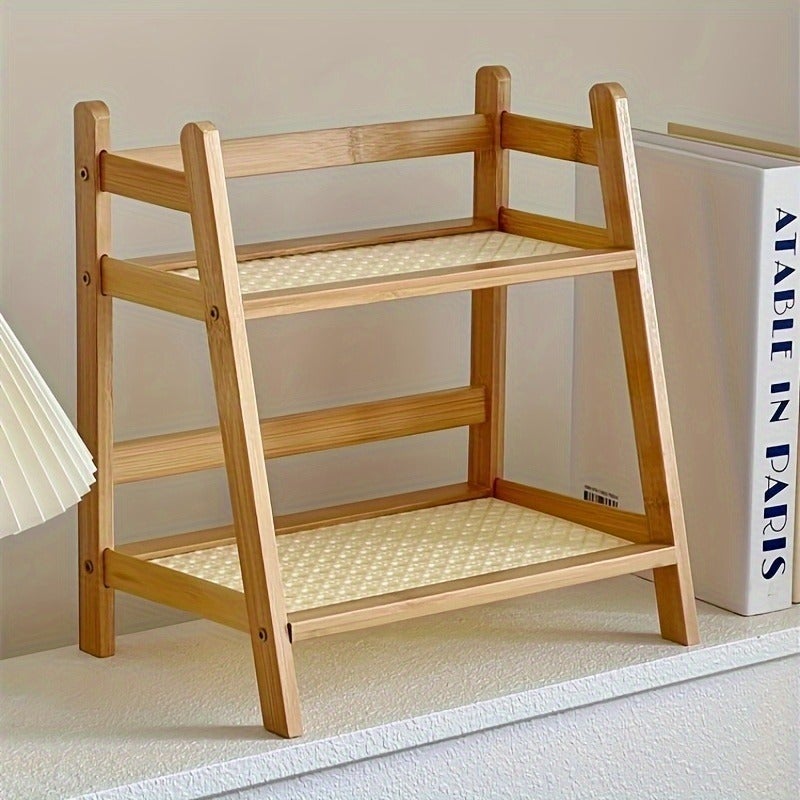 Home Shoe Rack Laundry Room Shelf Vintage Rattan Cream Double-Layer Ladder Desktop Shelf Kitchen Cup Rack Bread Rack Yard Flower Stand - Image 2