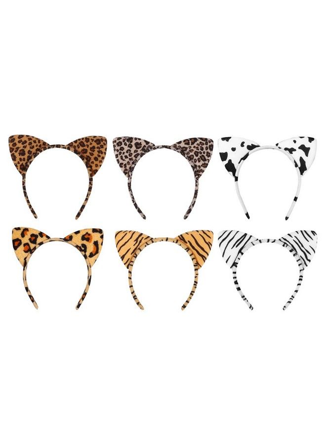 Lurrose 6 قطع من عصابات رأس على شكل أذن قطة، عصابات شعر الهالوين، طوق شعر من القطيفة على شكل جلد النمر، عصابات رأس على شكل أذن فهد، إكسسوارات شعر للحفلات التنكرية والمهرجانات والعطلات - Image 1