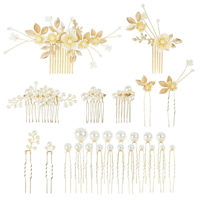 Cinaci 27 Pack Sparkly Glitter Gold Rhinestone Leaf Flower Bridal Metal Hair Side CombsUshaped Pearl Hair Pins Clips Barrettes Headpieces Wedding Hair Accessories for Women Brides Bridesmaids Girls