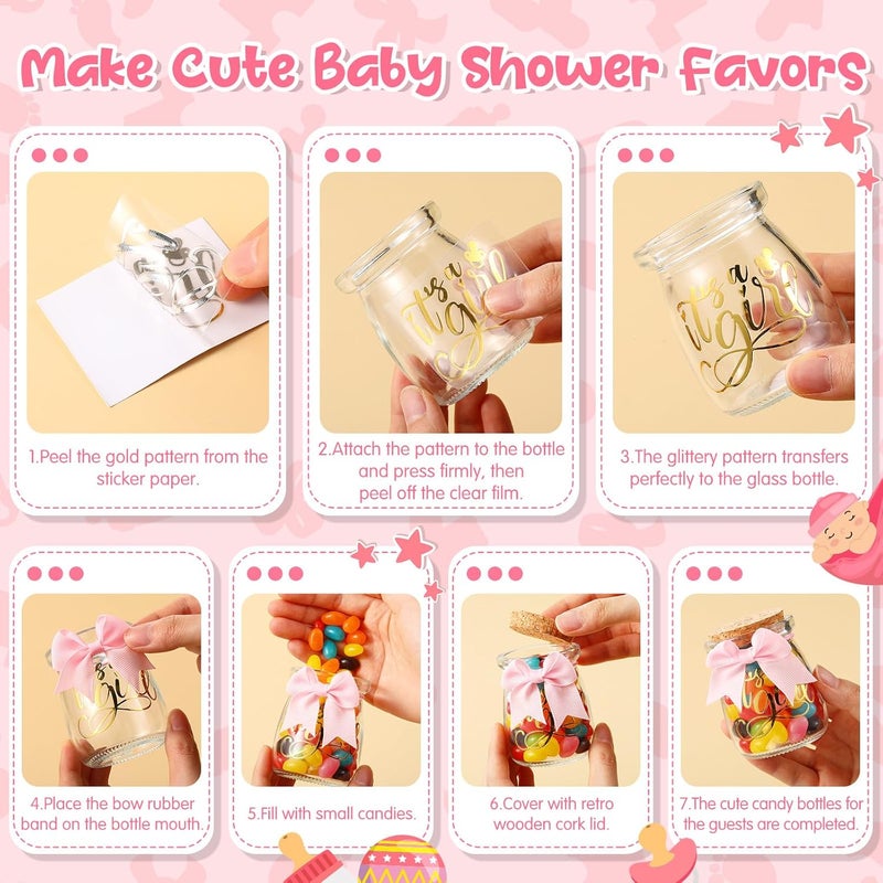 Funnymoom 24 Sets Baby Shower Bottles Favors for Guests Glass 100 ml Milk Jar with Ribbons and Stickers Decorations for Gender Reveal Newborn Centerpiece Party Favor(Pink,It's A Girl) - Image 5