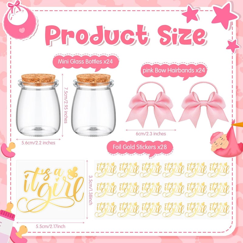 Funnymoom 24 Sets Baby Shower Bottles Favors for Guests Glass 100 ml Milk Jar with Ribbons and Stickers Decorations for Gender Reveal Newborn Centerpiece Party Favor(Pink,It's A Girl) - Image 3