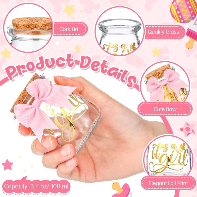 Funnymoom 24 Sets Baby Shower Bottles Favors for Guests Glass 100 ml Milk Jar with Ribbons and Stickers Decorations for Gender Reveal Newborn Centerpiece Party Favor(Pink,It's A Girl) - Image 4