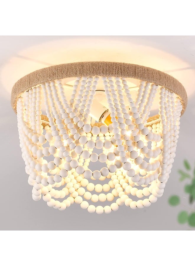 Capslpad Wood Beaded Flush Mount Ceiling Light Antique Rustic Mini Chandelier 3-Light White Boho Light Fixture  - Image 1