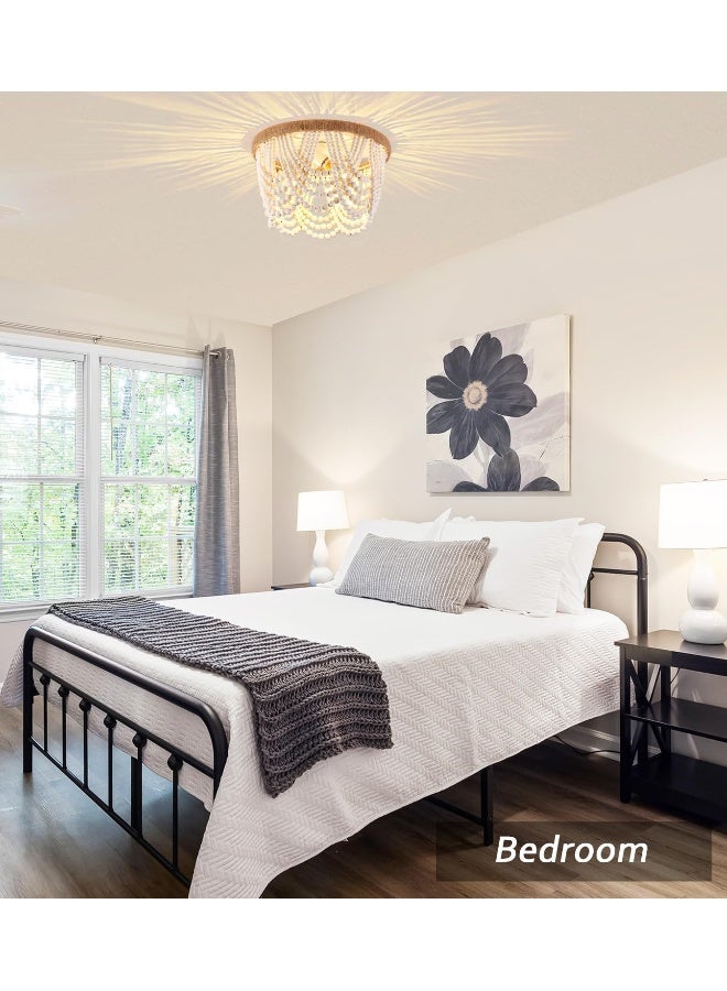 Capslpad Wood Beaded Flush Mount Ceiling Light Antique Rustic Mini Chandelier 3-Light White Boho Light Fixture  - Image 3