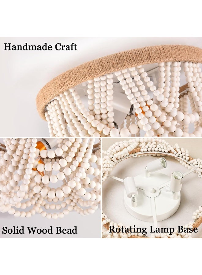 Capslpad Wood Beaded Flush Mount Ceiling Light Antique Rustic Mini Chandelier 3-Light White Boho Light Fixture  - Image 4