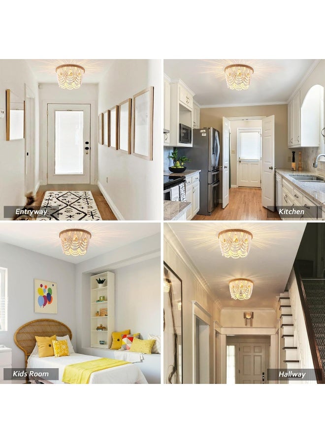 Capslpad Wood Beaded Flush Mount Ceiling Light Antique Rustic Mini Chandelier 3-Light White Boho Light Fixture  - Image 5