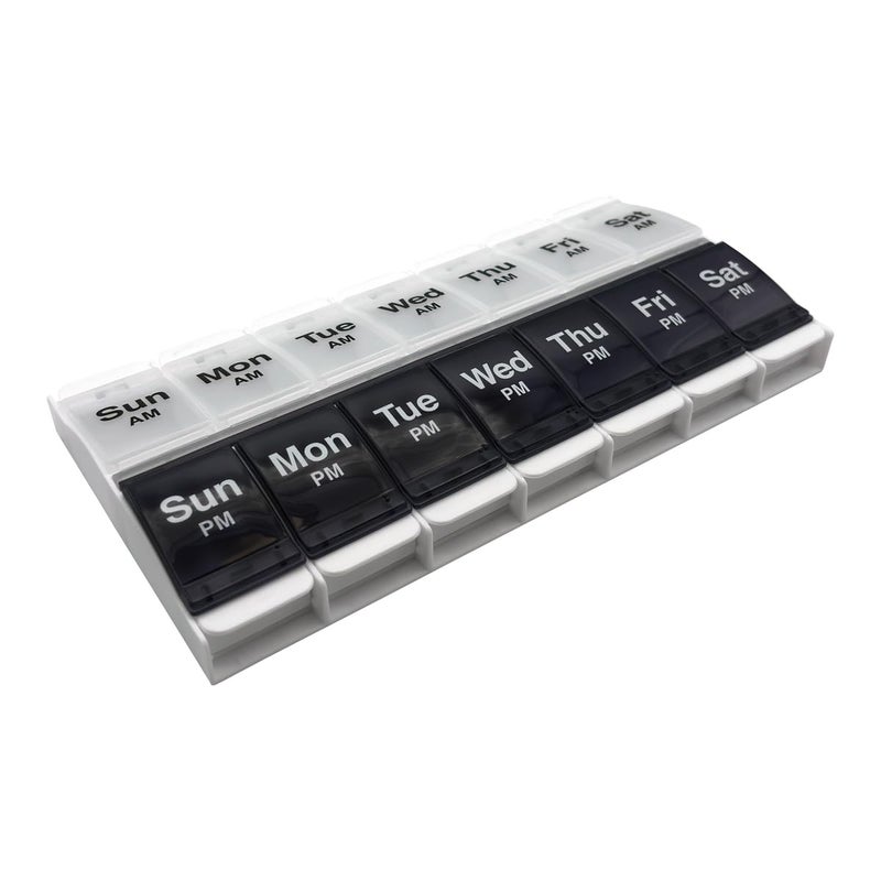 EZY DOSE Push Button 7Day Pill Case Medicine Planner Vitamin Organizer 2 Times a Day AMPM Large Compartments Arthritis Friendly Clear Lids BlueWhite BPA Free