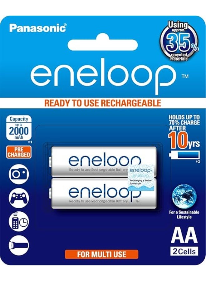 Panasonic Eneloop AA Rechargeable Batteries – Pre-Charged Ni-MH Batteries, Long Lasting, Low Self-Discharge, Pack of 2 - Image 1