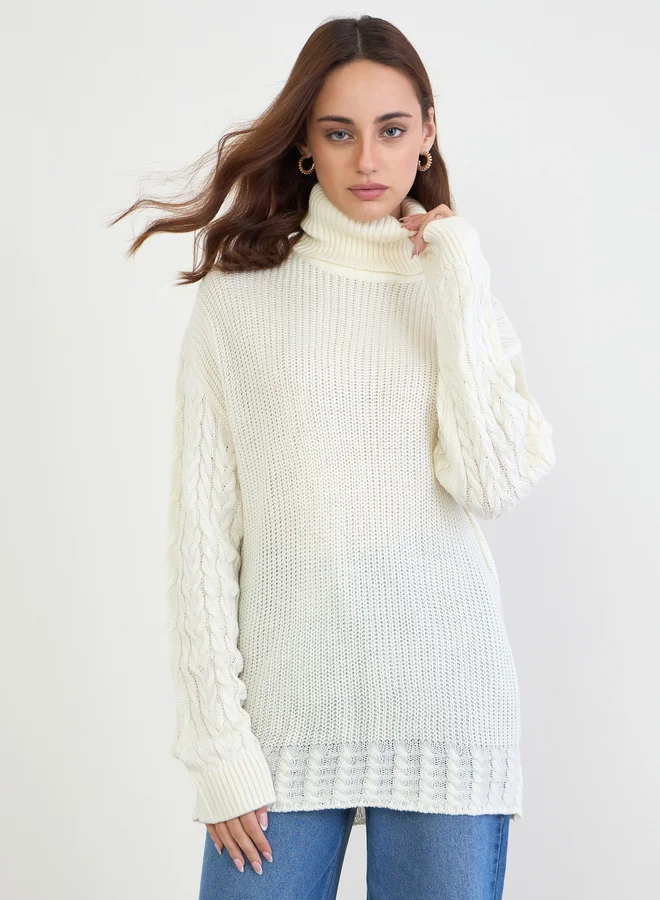 Styli Cream Cable Knit Longline Turtleneck Sweater