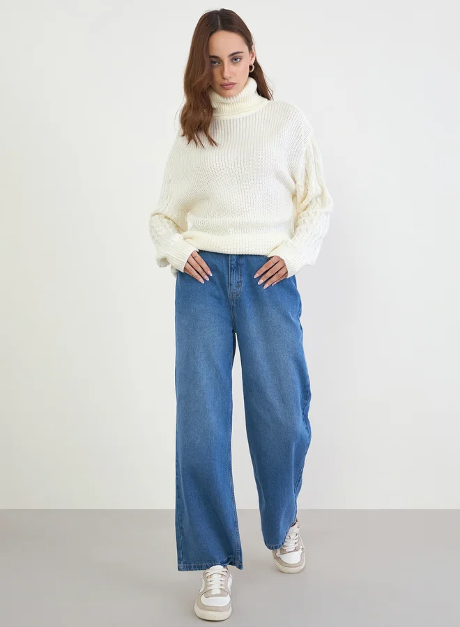Styli Styli Cream Cable Knit Longline Turtleneck Sweater