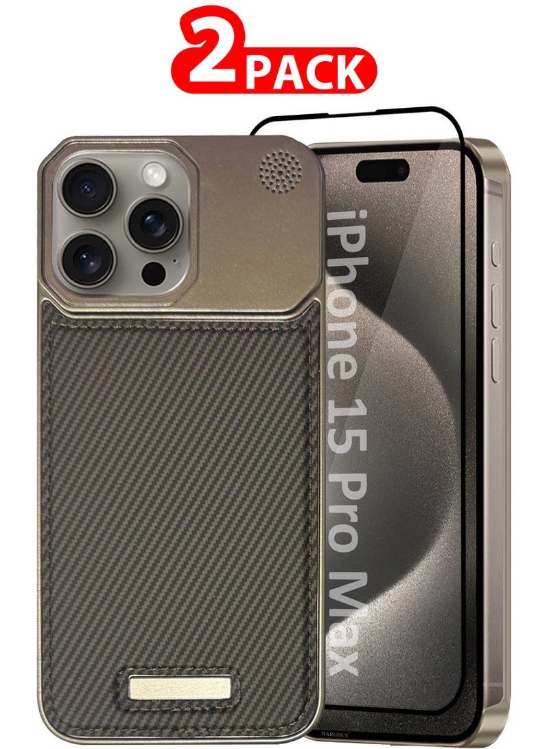 CATANES iPhone 15 Pro Max 2 Pack Case Leather Metal Design, Slim Lightweight Minimalist Cover,1 Case 1 Screen Protector