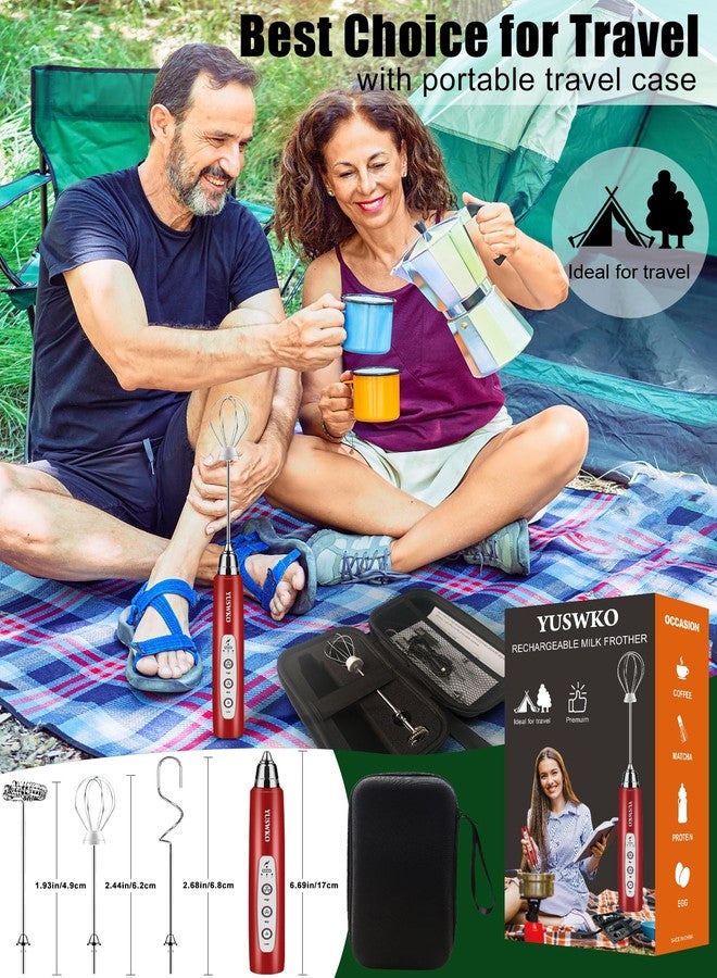 YUSWKO Rechargeable Milk Frother for Coffee, Handheld Drink Mixer with 3 Heads 3 Speeds, Ideal Coffee Frother Wand for Travel - Red - Image 2
