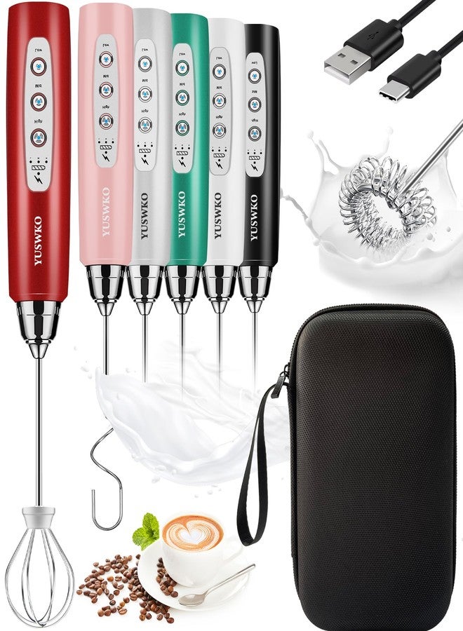 YUSWKO Rechargeable Milk Frother for Coffee, Handheld Drink Mixer with 3 Heads 3 Speeds, Ideal Coffee Frother Wand for Travel - Red - Image 1
