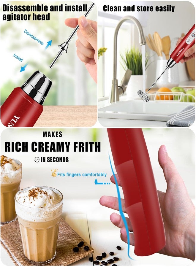 YUSWKO Rechargeable Milk Frother for Coffee, Handheld Drink Mixer with 3 Heads 3 Speeds, Ideal Coffee Frother Wand for Travel - Red - Image 5