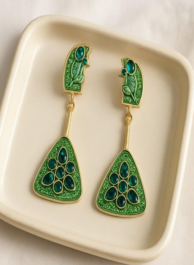 AMAAL Gold Green Enamel Peacock Drop Earrings for Women Girls | Korean Danglers with Green Stone | Meenakari | Western Wedding,Earing | Stylish Jewellery for woman Valentine Gift for Girlfriend -519 - Image 3