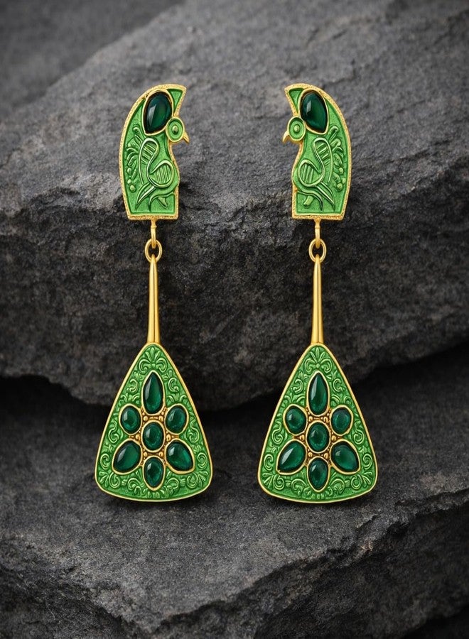 AMAAL Gold Green Enamel Peacock Drop Earrings for Women Girls | Korean Danglers with Green Stone | Meenakari | Western Wedding,Earing | Stylish Jewellery for woman Valentine Gift for Girlfriend -519 - Image 5