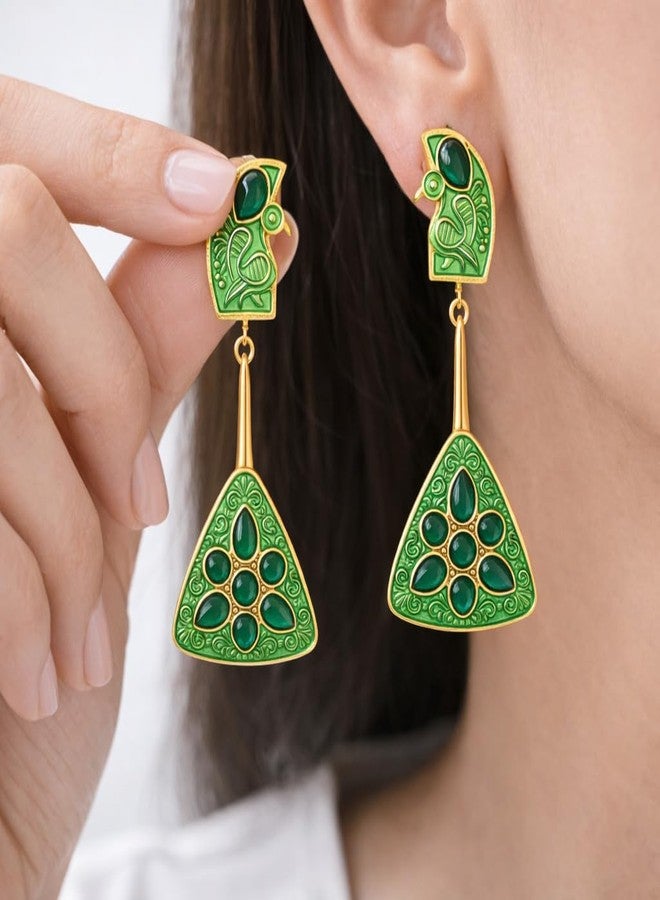AMAAL Gold Green Enamel Peacock Drop Earrings for Women Girls | Korean Danglers with Green Stone | Meenakari | Western Wedding,Earing | Stylish Jewellery for woman Valentine Gift for Girlfriend -519 - Image 2