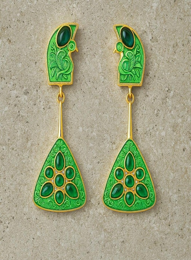 AMAAL Gold Green Enamel Peacock Drop Earrings for Women Girls | Korean Danglers with Green Stone | Meenakari | Western Wedding,Earing | Stylish Jewellery for woman Valentine Gift for Girlfriend -519 - Image 4