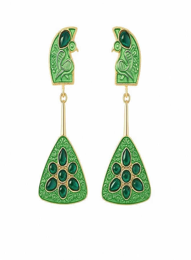 AMAAL Gold Green Enamel Peacock Drop Earrings for Women Girls | Korean Danglers with Green Stone | Meenakari | Western Wedding,Earing | Stylish Jewellery for woman Valentine Gift for Girlfriend -519 - Image 1