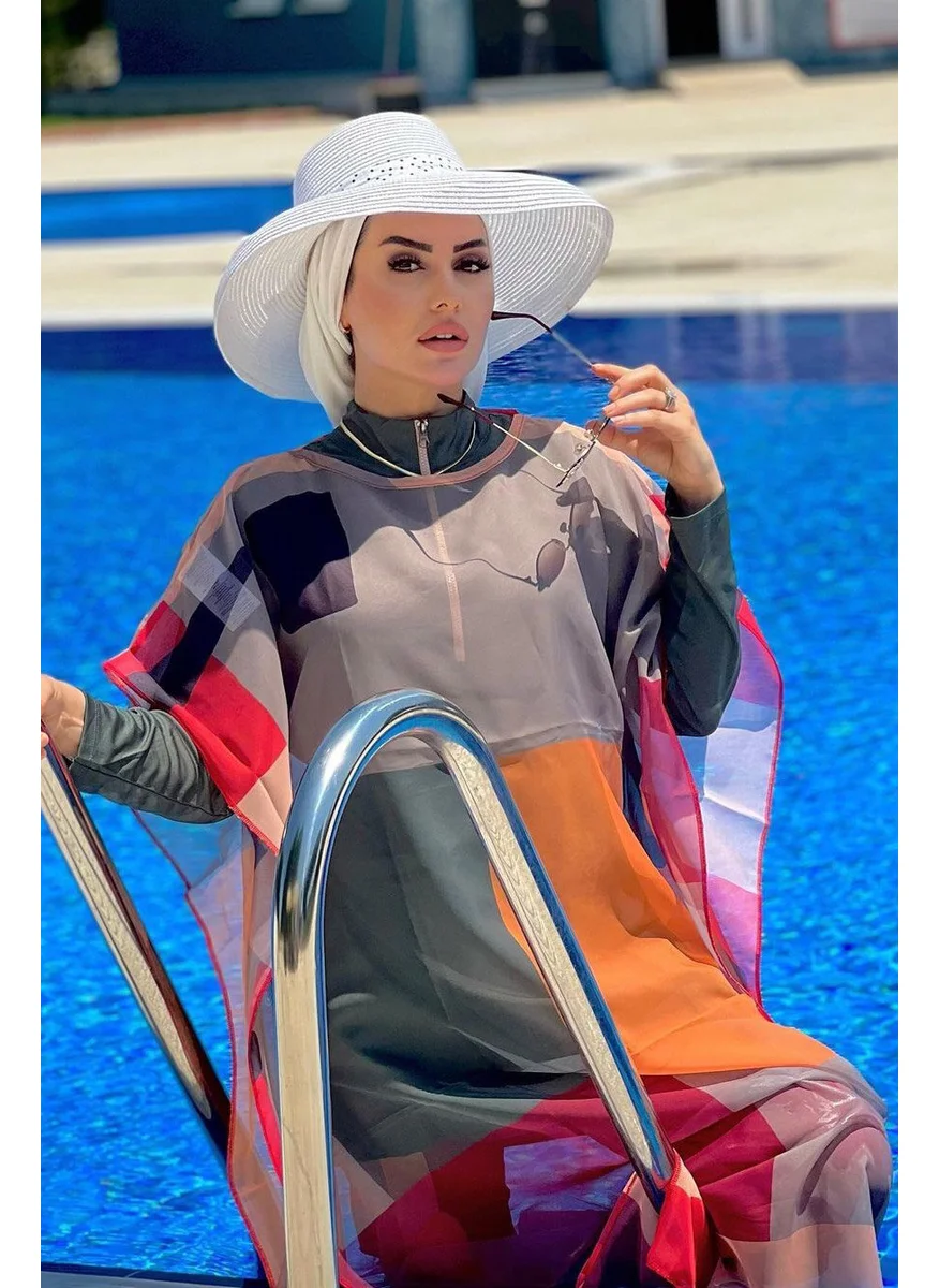 Marina Hijab Swimsuit with Square Pattern Kaftan Kimono Pareo P2107