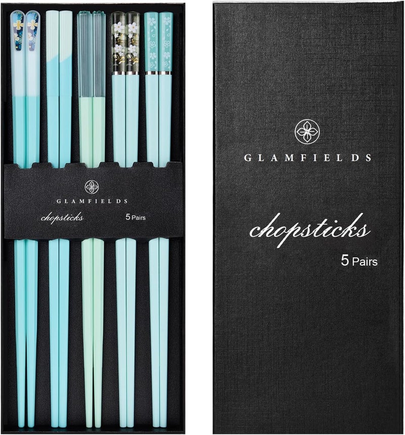 GLAMFIELDS Chopsticks Reusable Dishwasher Safe, 5 Pairs 9.5 Inches Premium Chop Sticks Set for Sushi, Ramen, Asian Cuisine, Matte Non-slip with Gift Case, Light Blue - Image 1