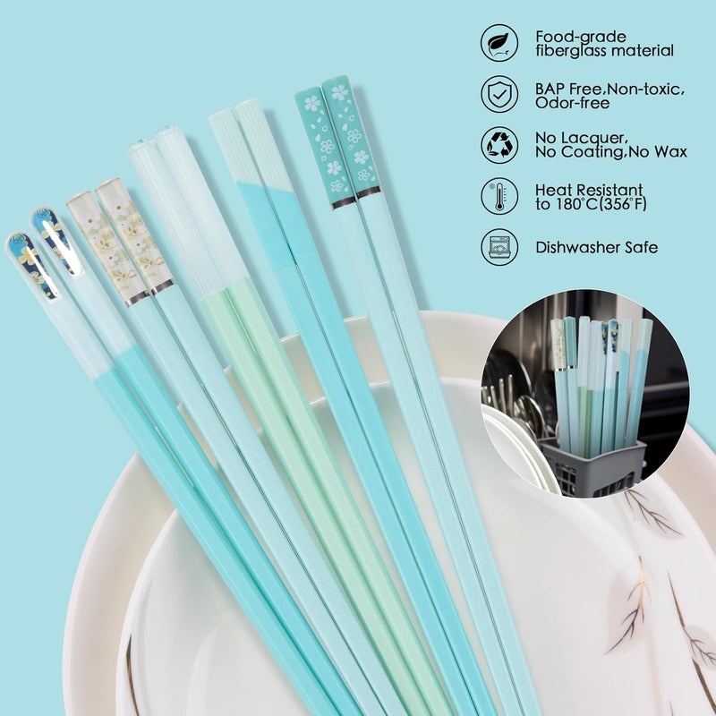 GLAMFIELDS Chopsticks Reusable Dishwasher Safe, 5 Pairs 9.5 Inches Premium Chop Sticks Set for Sushi, Ramen, Asian Cuisine, Matte Non-slip with Gift Case, Light Blue - Image 4
