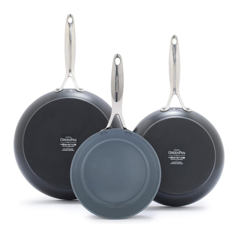 GreenPan Valencia Pro Ceramic Nonstick 8" 9.5" & 11" Fry Pan Skillet Set, Hard Anodized PFAS-Free, Induction Ready, Compatible on All Cooktops, Dishwasher Safe, Oven Safe to 600F, Gray - Image 1