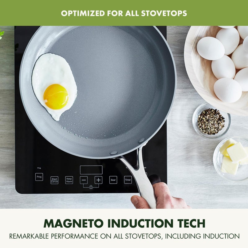 GreenPan Valencia Pro Ceramic Nonstick 8" 9.5" & 11" Fry Pan Skillet Set, Hard Anodized PFAS-Free, Induction Ready, Compatible on All Cooktops, Dishwasher Safe, Oven Safe to 600F, Gray - Image 3