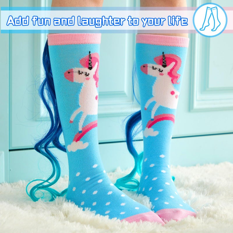 Yearntown 1 Pairs Crazy Fun Silly Wacky High Socks Unicorn Mermaid Socks with Wigs Gift for Kids Girls Woman(Light Blue Unicorn) - Image 5