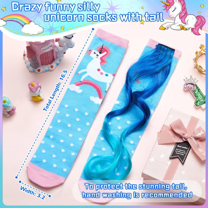 Yearntown 1 Pairs Crazy Fun Silly Wacky High Socks Unicorn Mermaid Socks with Wigs Gift for Kids Girls Woman(Light Blue Unicorn) - Image 2
