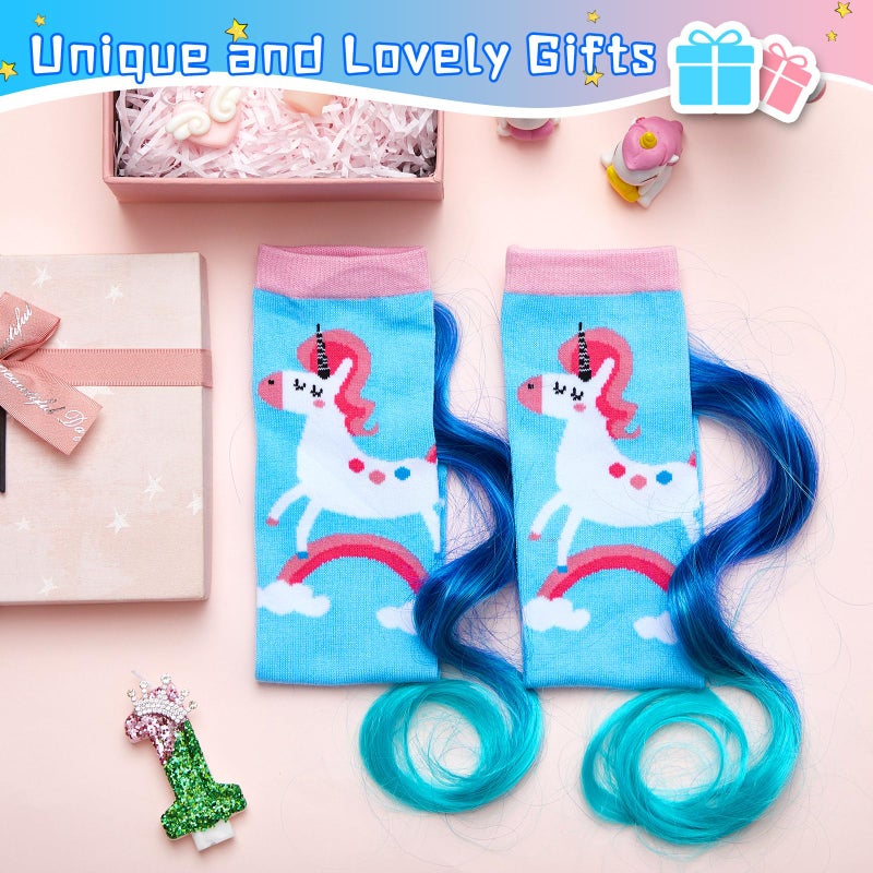 Yearntown 1 Pairs Crazy Fun Silly Wacky High Socks Unicorn Mermaid Socks with Wigs Gift for Kids Girls Woman(Light Blue Unicorn) - Image 4