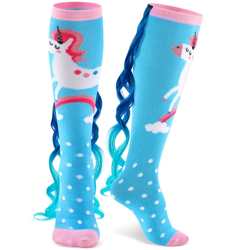Yearntown 1 Pairs Crazy Fun Silly Wacky High Socks Unicorn Mermaid Socks with Wigs Gift for Kids Girls Woman(Light Blue Unicorn) - Image 1