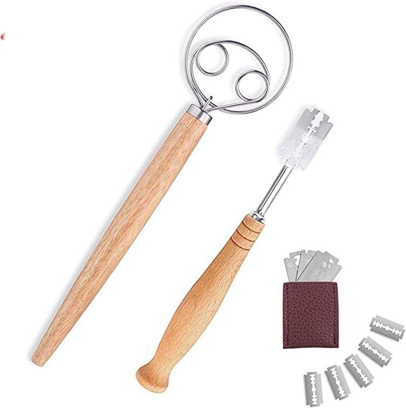 KASTWAVE Bread Lame and Large Danish Dough Whisk Set With 5 Replacement Blades and Leather Protective Cover Stainless Steel Bread Making Tools for Pastry, Baking Cake - Image 1