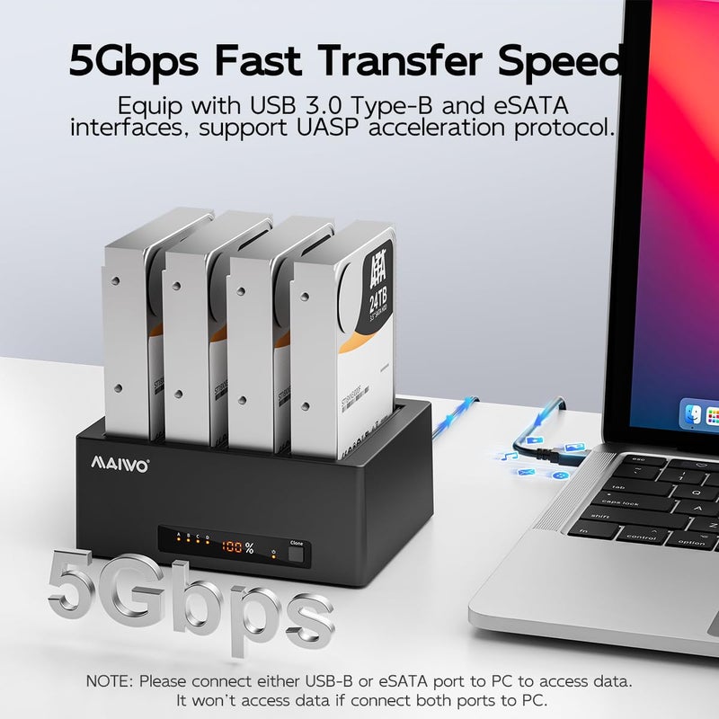 MAIWO محطة توصيل الأقراص الصلبة MAIWO 4 Bay مع وظيفة النسخ للأقراص الصلبة SATA 2.5 و 3.5 بوصة، سرعة USB 3.0/eSATA 5Gbps مع UASP، سعة 96TB، قارئ ومكرر للأقراص الصلبة الخارجية - Image 2