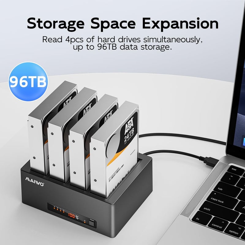 MAIWO محطة توصيل الأقراص الصلبة MAIWO 4 Bay مع وظيفة النسخ للأقراص الصلبة SATA 2.5 و 3.5 بوصة، سرعة USB 3.0/eSATA 5Gbps مع UASP، سعة 96TB، قارئ ومكرر للأقراص الصلبة الخارجية - Image 4