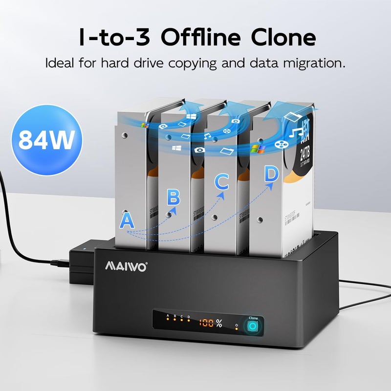 MAIWO محطة توصيل الأقراص الصلبة MAIWO 4 Bay مع وظيفة النسخ للأقراص الصلبة SATA 2.5 و 3.5 بوصة، سرعة USB 3.0/eSATA 5Gbps مع UASP، سعة 96TB، قارئ ومكرر للأقراص الصلبة الخارجية - Image 5