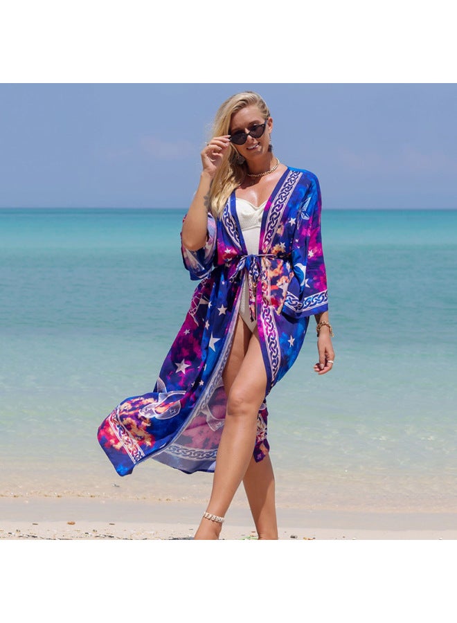 Loquat 2022 European And American Beach Blouse Positioning Printed Rayon Holiday Long Cardigan Bikini Women's Sunscreen Shirt-Color:2-Leaves- - Image 4