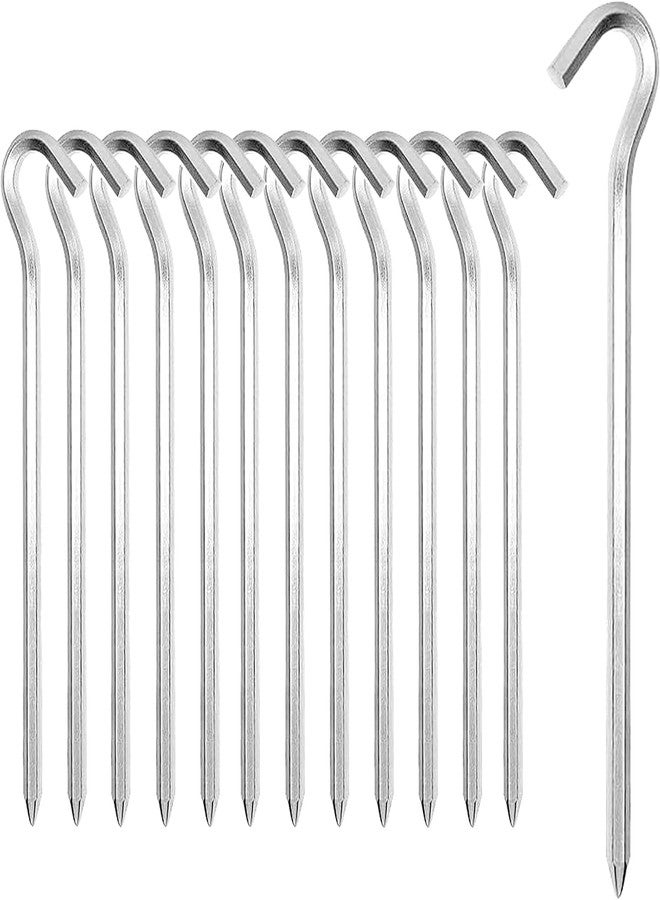 DN DENNOV Metal Rebar Stakes J Hook Extra Heavy Duty,【12 inch Long Enough】 1/4 inch Rust Proof Coated Steel Ground Stakes Ground Anchors, Garden Stake Trampoline Anchors (6, Silver), DN05K - Image 1