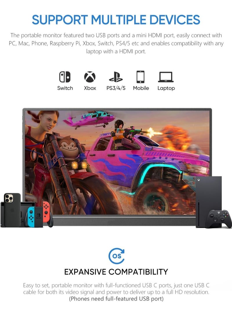 15.6'' Portable Gaming Monitor 1080P with HDR, 60Hz, FreeSync, 10Bit Color, Dual Speakers, USB-C & HDMI, Built-in Kickstand & Cover, Compatible with PC/PS5/Xbox/Switch for Home or Office Use  - Image 2