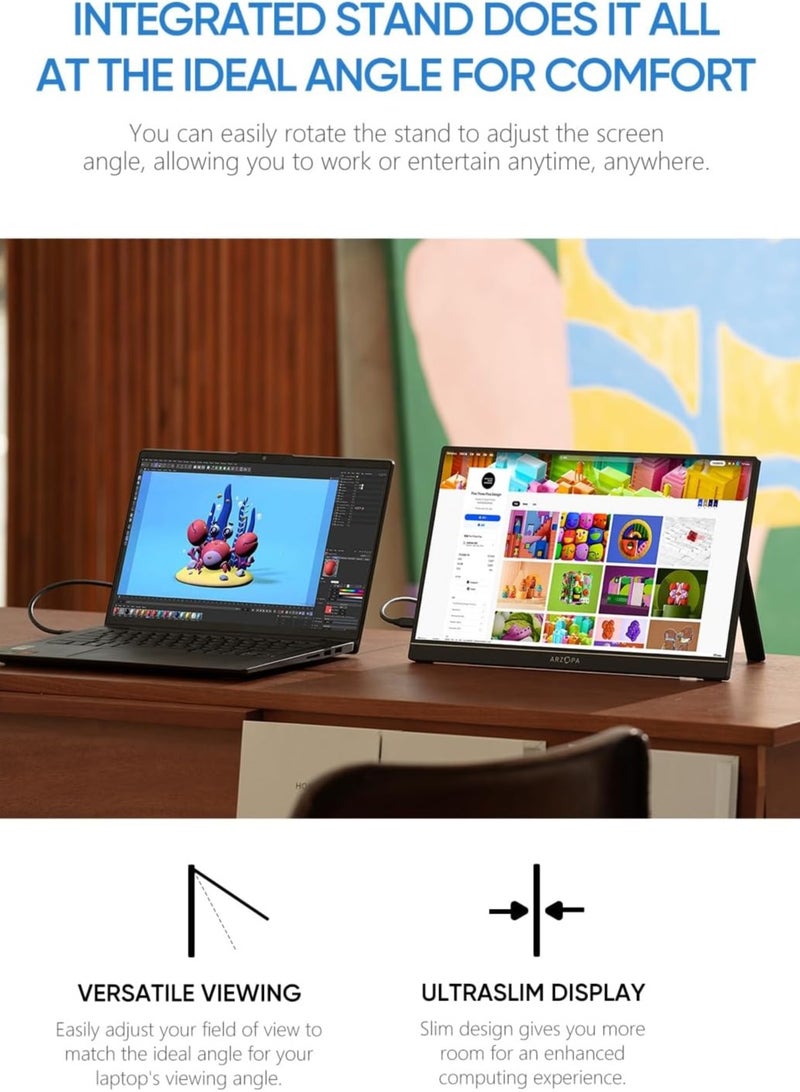 15.6'' Portable Gaming Monitor 1080P with HDR, 60Hz, FreeSync, 10Bit Color, Dual Speakers, USB-C & HDMI, Built-in Kickstand & Cover, Compatible with PC/PS5/Xbox/Switch for Home or Office Use  - Image 4
