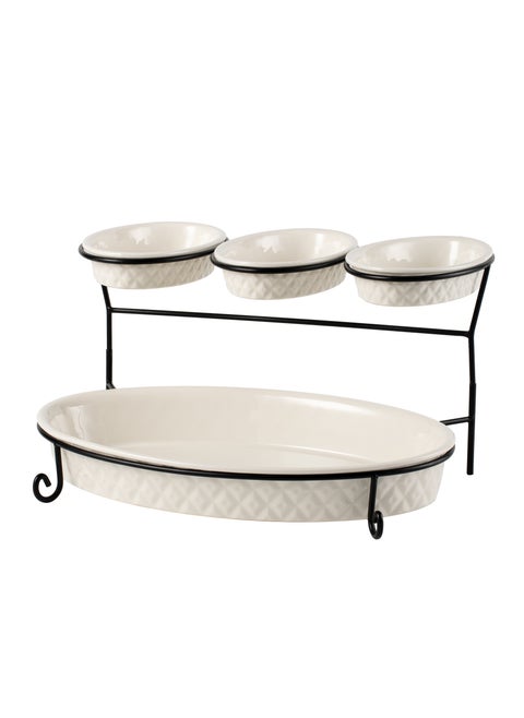 Shallow Porcelain 2-Tier Oval Serving Set - Black Stand Rack - 3x 20cm and 1x 40cm