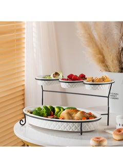 Shallow Shallow Porcelain 2-Tier Oval Serving Set - Black Stand Rack - 3x 20cm and 1x 40cm  - Image 2