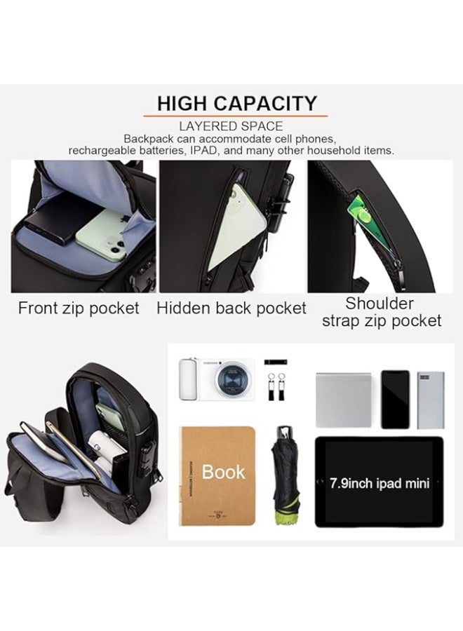 حقيبة ظهر للجنسين مزودة بحزام كتف وشحن USB وحقيبة رياضية مضادة للسرقة، وحقائب كروس مقاومة للماء - اللون اسود - Image 5