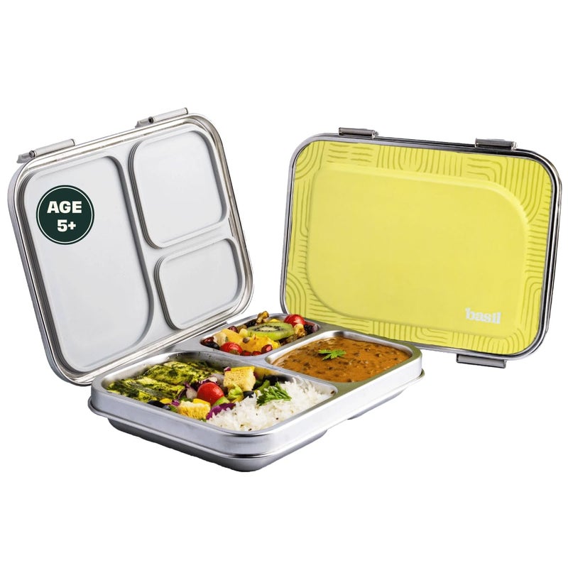 BASIL Bento Lunch Box – 900ml | 3-Compartment Stainless Steel Tiffin | Leak-Proof Lunch Box for Kids, Teenagers & Adults -Sav Green - Image 1