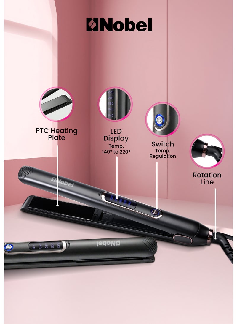 Nobel مكواة شعر نوبل مع لوحة تسخين PTC 5 مستويات للتحكم في درجة الحرارة مؤشر LED تسخين سريع - NHS450 أسود - Image 3