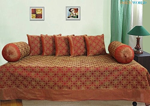 Dekor World Dekor World Polyester 50 Tc Floral Flok Printed Diwan Set Pack of 816 Inch X Inch Orange  - Image 1