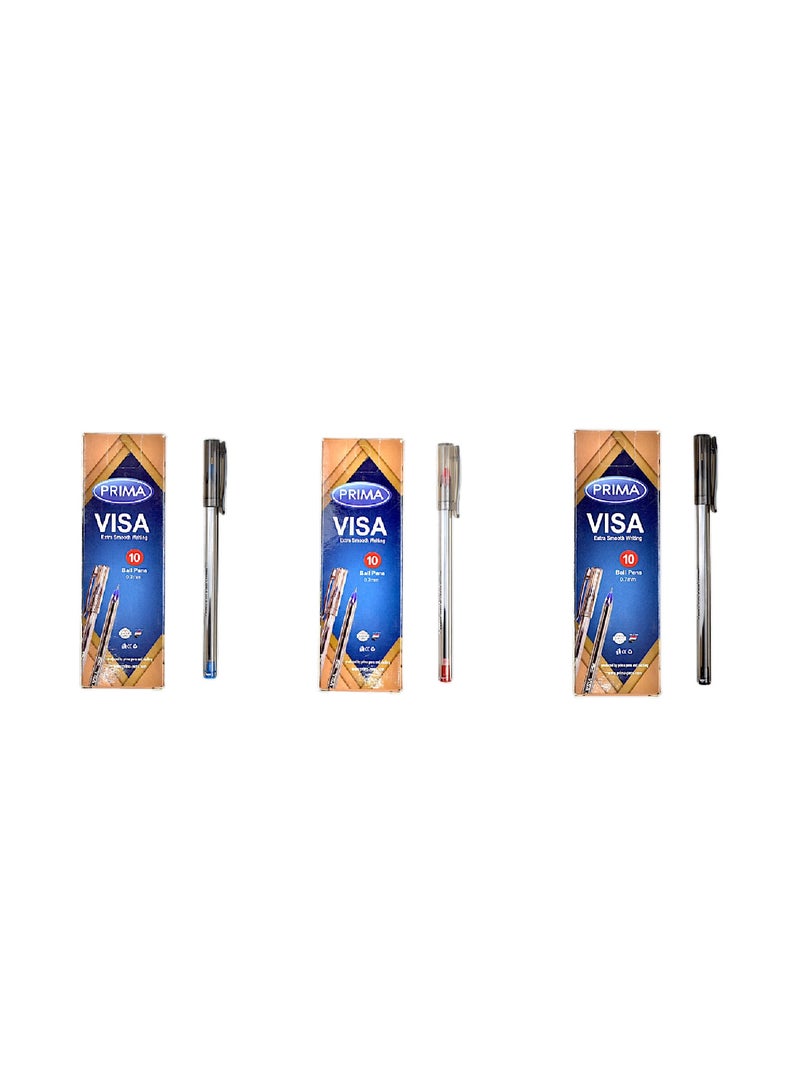 Prima Visa Pens 0.7mm red , black and blue 10 Pens (3 pack)