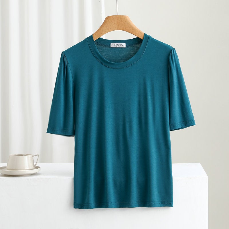 Modal T-Shirt Women'S Short-Sleeved White Summer Slim-Fit Crewneck Base Shirt Outer Wear Mid-Sleeved Thin Inner Black Top - Image 1
