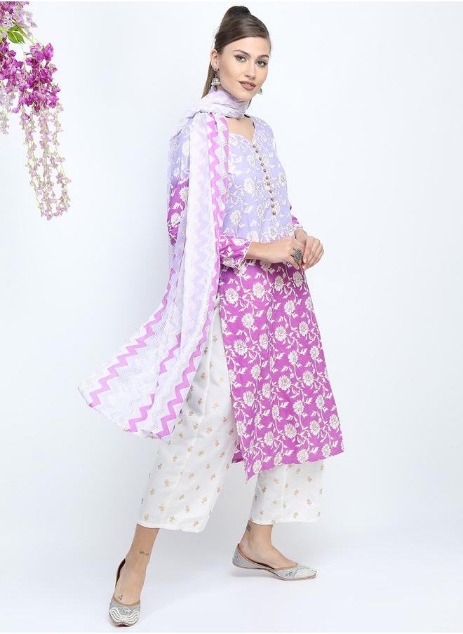 Vishudh Women Multi-Colored Printed Kurta Set with Palazzo Pants and Dupatta by Styli  - Image 1