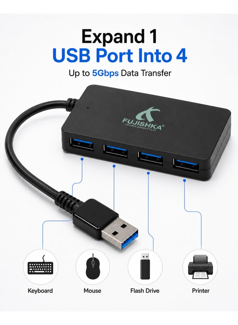 FUJISHKA 4 Port USB 3.0 Hub for Laptop and Desktop PC - Black - Image 2